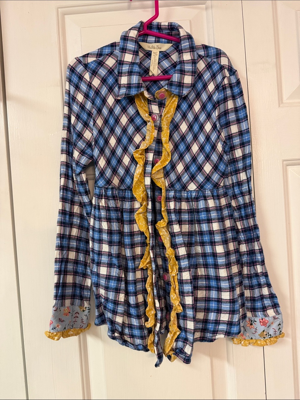 Matilda Jane Blue Plaid Button-Front Shirt with Yellow Ruffle Trim